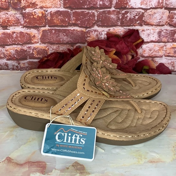 Cliffs by WHITE MOUNTAIN Shoes - Cliff's by White Mountain Tan and Pink Beaded Floral Cupcake Comfort Wed…